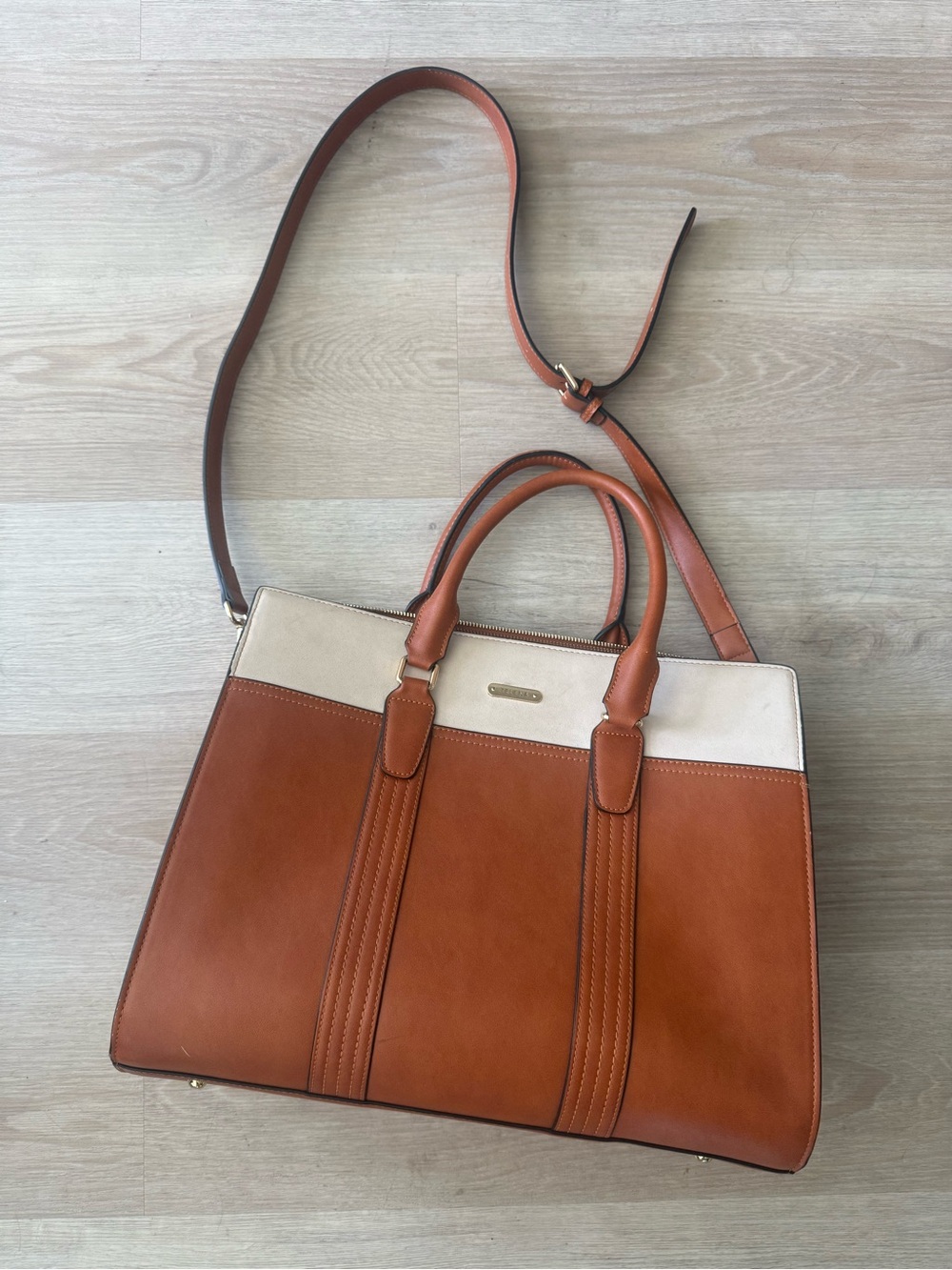 Leather Laptop Bag in Tan and Cream